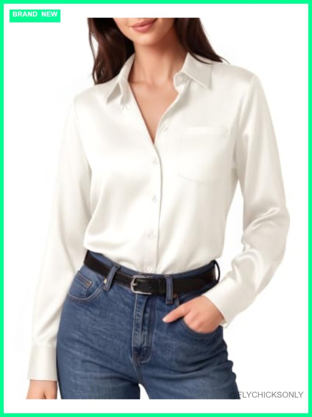 Satin Long Sleeve Button Down Blouse Collared V Neck Back to School